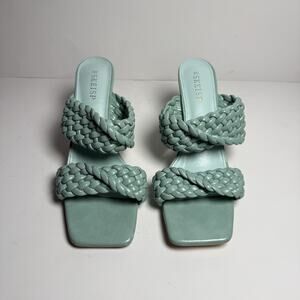 WSKELISP Braided Heeled Sandals Size 42 Mint Green Square Toe Slip-On Mules